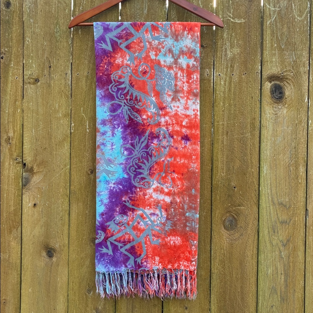 Batik tie dyed scarf, sarong,, coverup. Orange, blue, purple  fringe